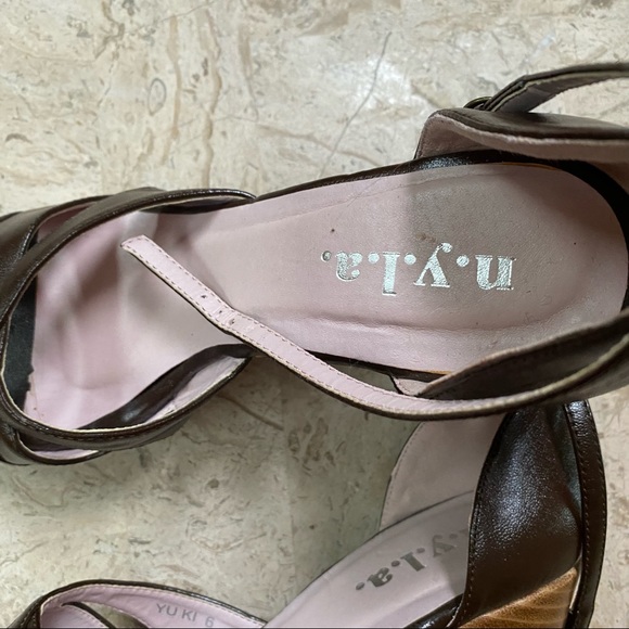 N.Y.L.A Yuki Brown Peep Toe High Wedge Sandal - Picture 10 of 14